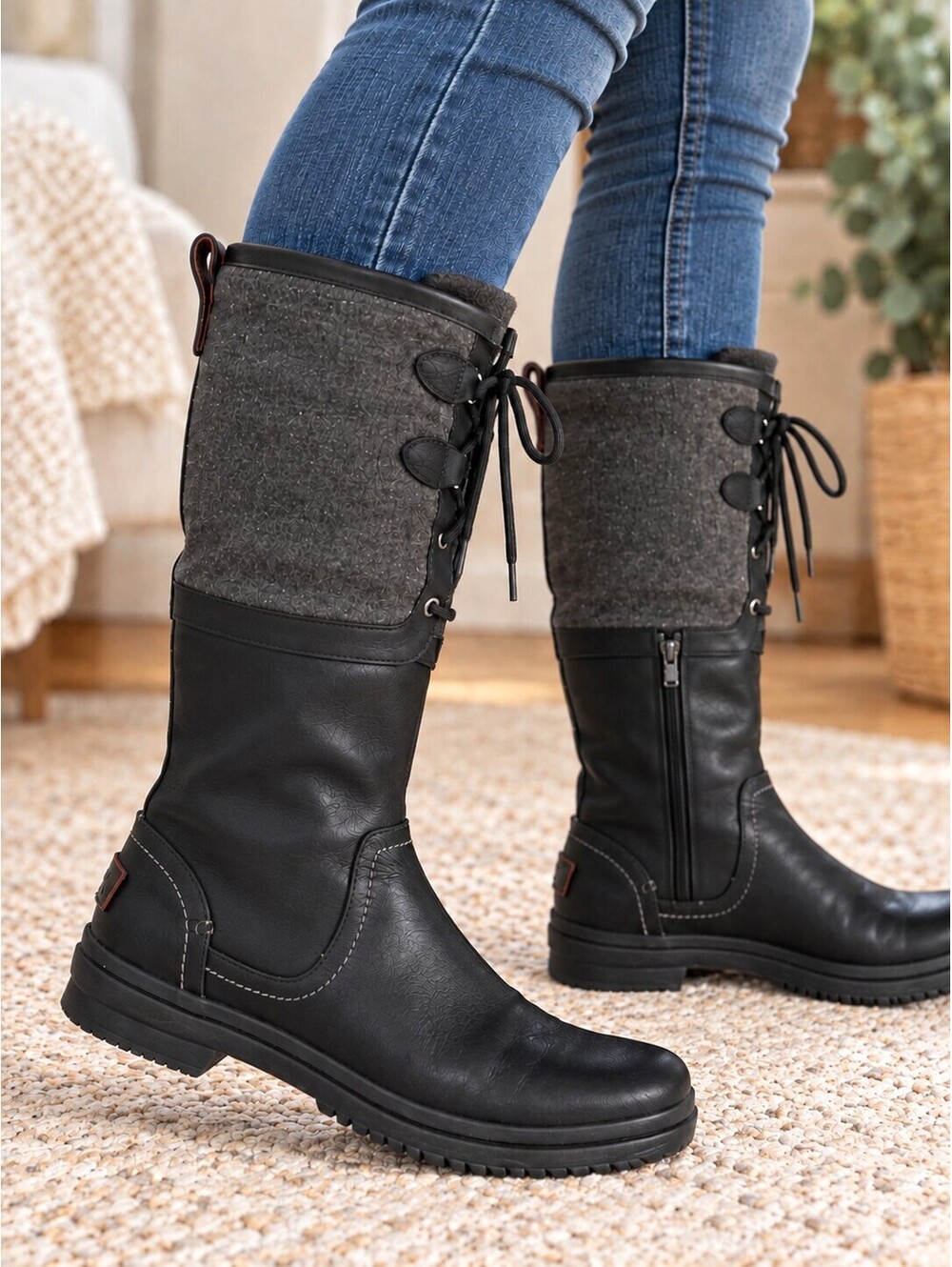 UGG Waterproof Tall Winter Boots US 9 – Black & Grey – Lace-Up